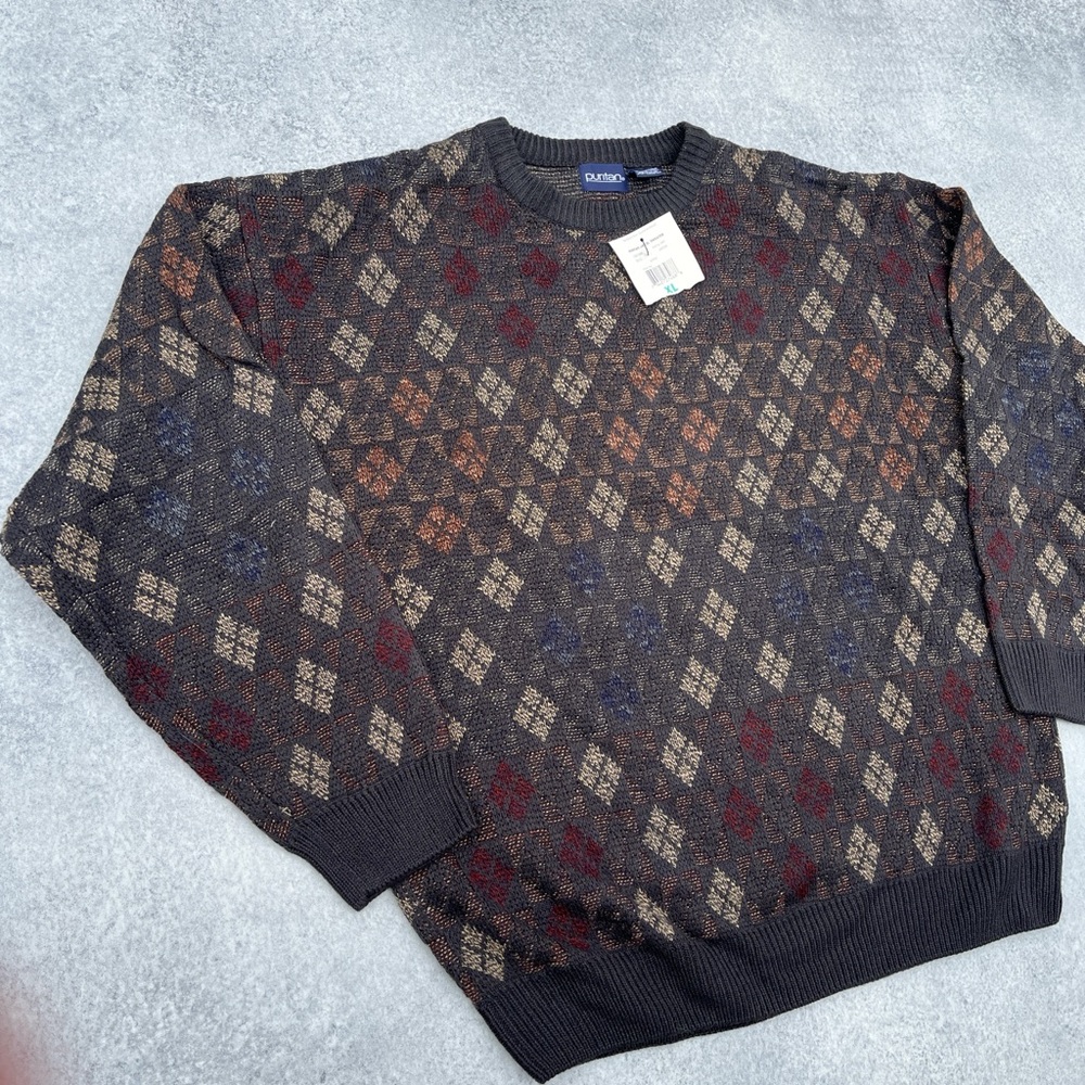 Vintage 90s Puritan Jacquard Pattern Brown Red Grandpa Core Knit Sweater
